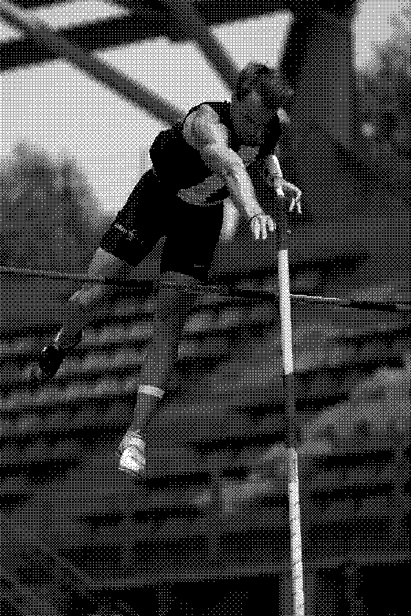 Image of pole vaulter in greyscale, made grainy by dithering