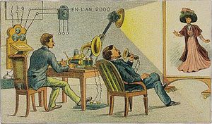 Video telephony as imagined in the year 2000, as imagined in 1910. From a French card.