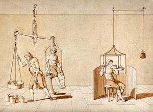 A man being weighed on a huge set of scales, and a man with his head in a glass container; showing Lavoisier's experiments with respiration. Brown pen and wash drawing.