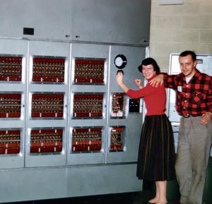 Alice (Betsy) E. D. Gillies and Donald B. Gillies with the ILLIAC I at the Digital Computer Lab, Urbana Illinois, circa 1957.