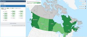 Map showing web developer job prospect ratings by province, with all provinces rated 2 out of three or 3 out of three.